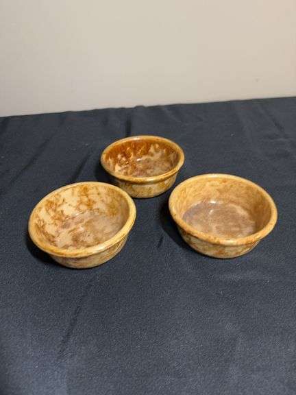 Set of 3 Vintage USA Pottery Custard Bowls – Brown Drip Glaze
