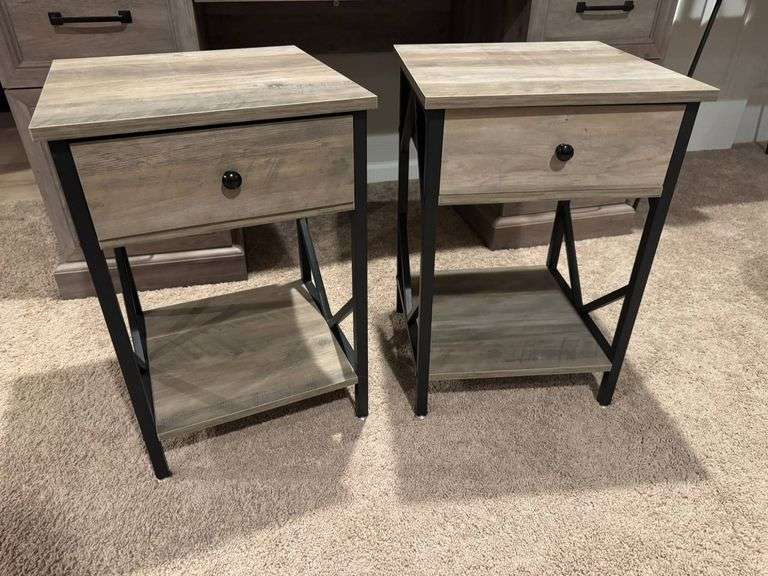 Two-Tier Wood and Metal Nightstands with Drawers