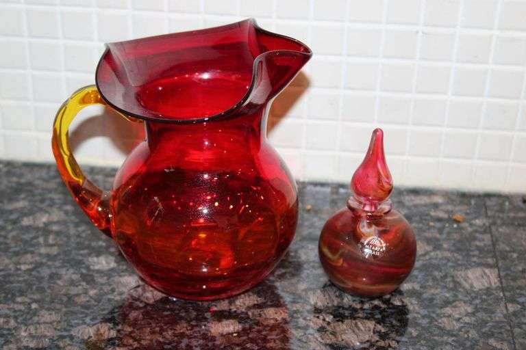 Amberina Glass Pitcher and Perfume Bottle