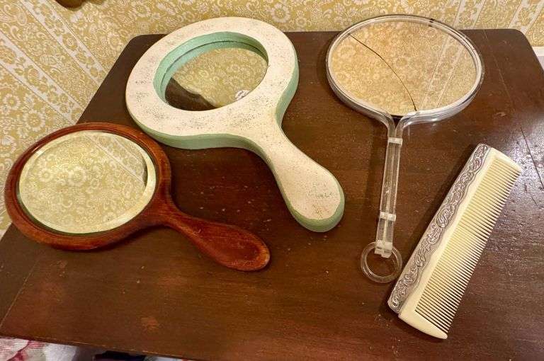Three Vintage Hand Mirrors and a Decorative Comb