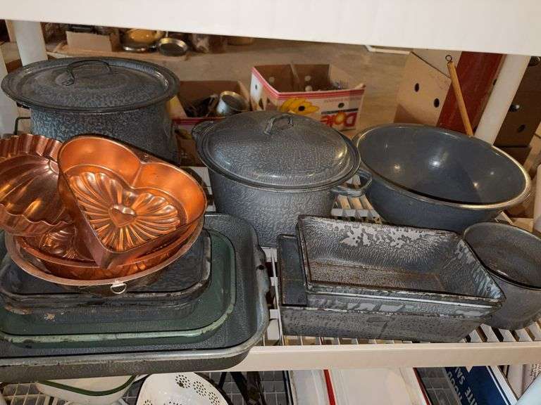 Large lot of metal sponigeware dishes