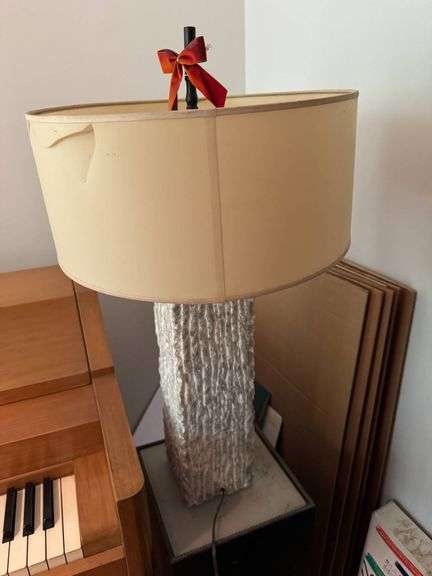 Table Lamp with Textured Ceramic Base and Damaged Drum Shade