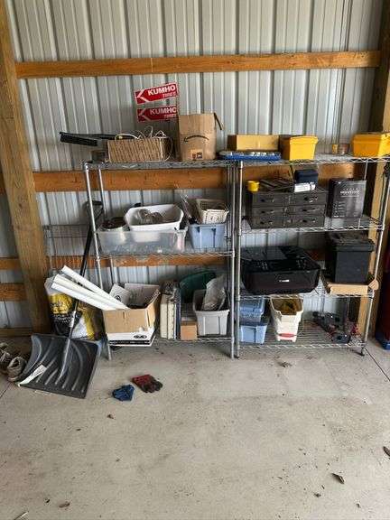Metal Shelving Units with Assorted Tools, Hardware, and Equipment