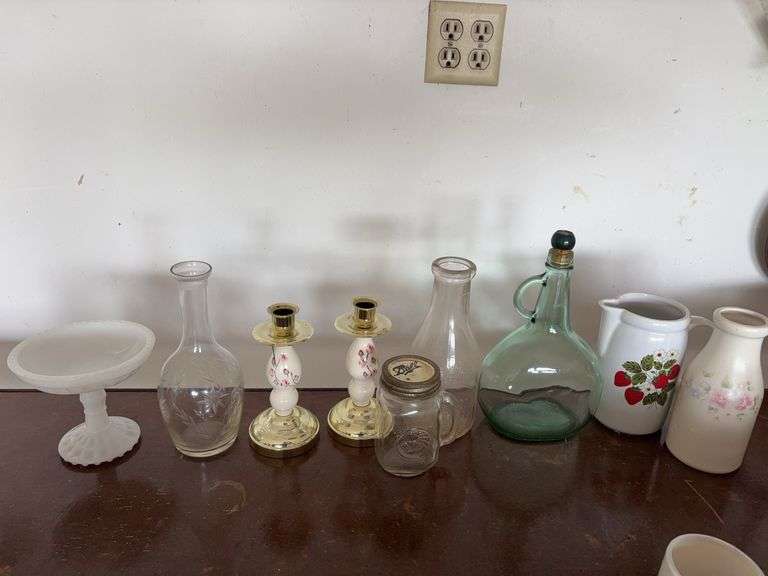 lot of clear bottles, decanter and vase