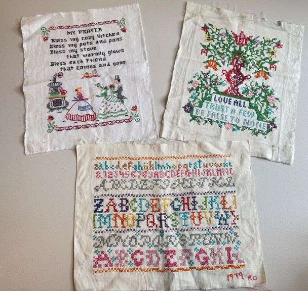 Three Hand-Stitched Cross-Stitch Samplers on Fabric