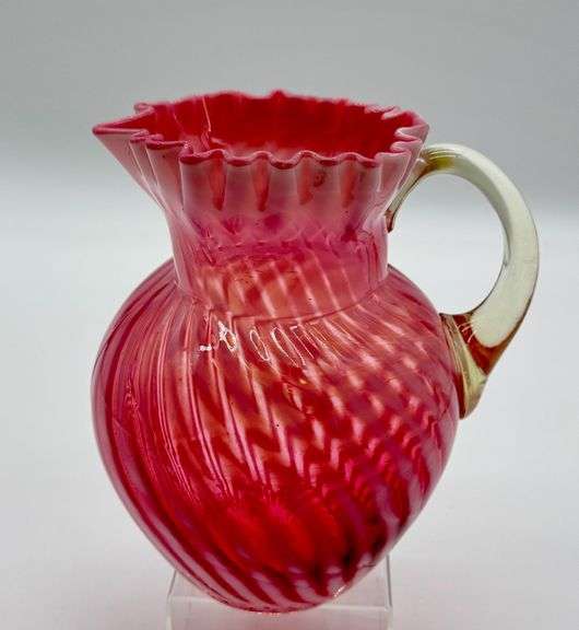 Cranberry Opalescent Swirl Glass Pitcher with Clear Handle and Crimped Rim