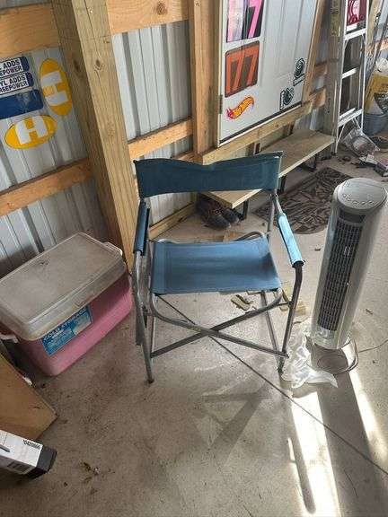 Outdoor and Household Items Including Folding Chair, 48-Quart Cooler, and Oscillating Tower Fan