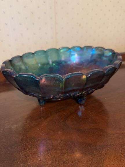 Indiana Blue Carnival Glass Harvest Grape Oval Fruit Bowl.