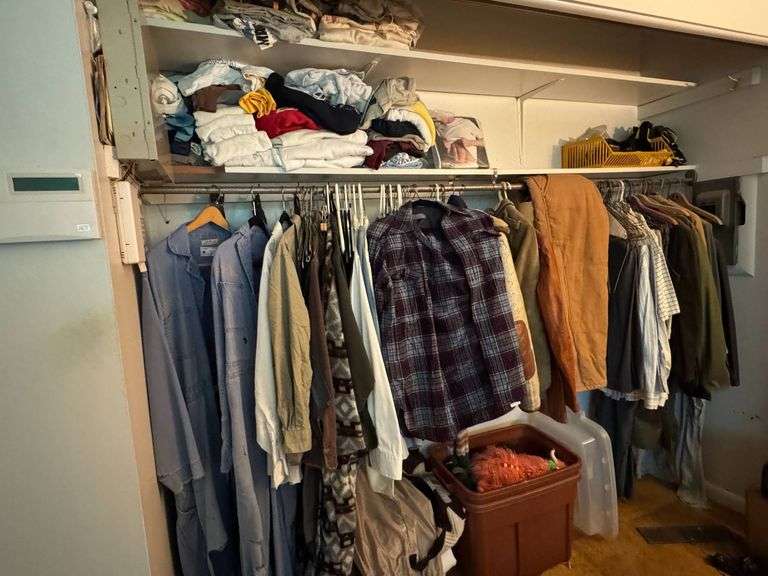 Closet Contents Including Hanging and Folded Clothing
