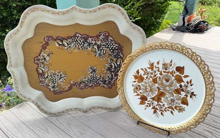 Two Vintage Handpainted Decorative Metal Serving Trays with Floral Designs