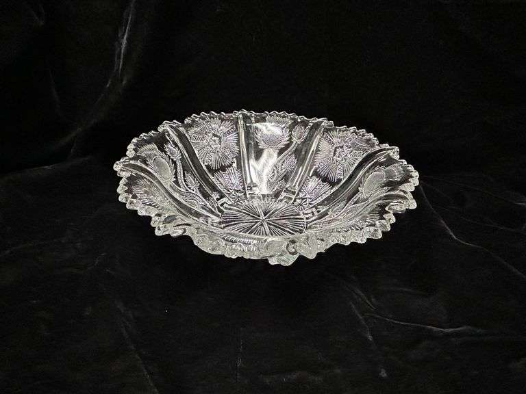 Pressed Glass Bowl with Thistle and Starburst Design – 10-1/4" Diameter