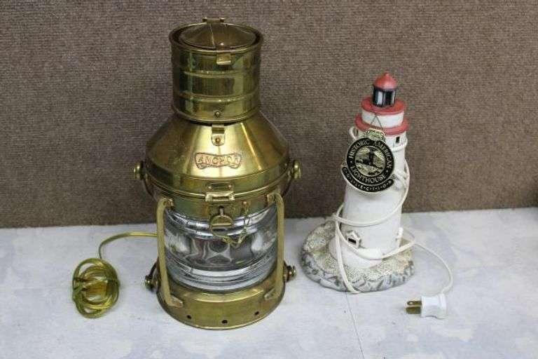 Brass Anchor Lantern and Lefton Historic American Lighthouse Lamp