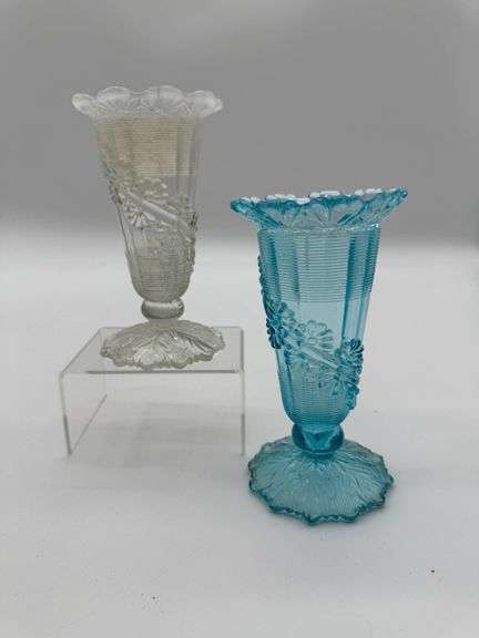 Antique Northwood Glass Vases with Floral and Ribbed Design