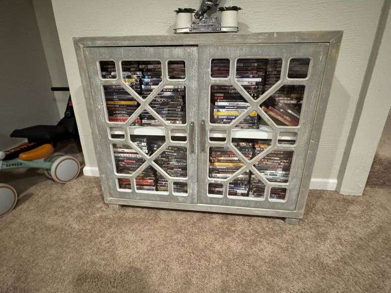 Wooden Cabinet with Geometric Glass Panel Doors, Without Contents