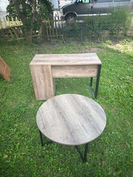 Wood-Look Desk with Open Shelves and Metal Round Side Table