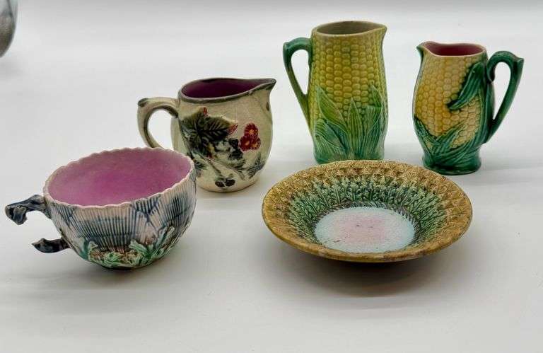 Majolica Ceramic Lot with Corn Pitchers, Decorative Plate, and Floral Pieces