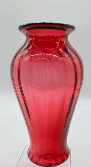 Large Fenton Cranberry Glass Vase with Swirled Design