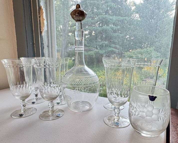 Crystal Decanter with Sterling Stopper and Cambridge Glass Set Featuring Etched Designs