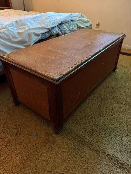 Wooden Storage Chest with Hinged Lid and Wicker Panels