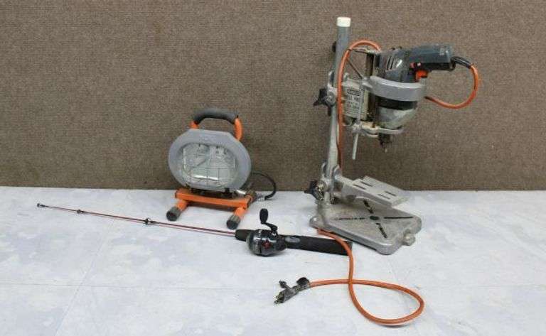 Craftsman Drill Press, HDX Portable Work Light, and Dock Demon Fishing Rod with Reel