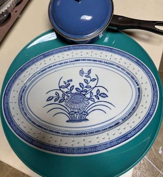 Blue Enamel Saucepan with Lid and Oval Porcelain Platter