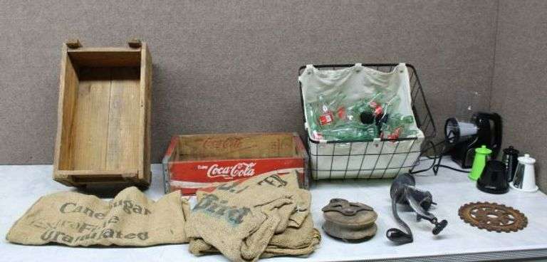 Vintage and Household Items Including Crates, Coke Bottles, Grinder, and More