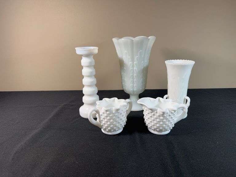 Milk Glass Vases, Candlestick & Hobnail Creamer/Sugar