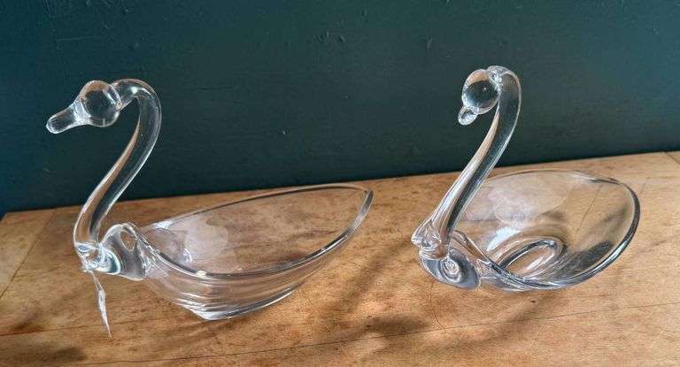 Two Clear Glass Swan-Shaped Decorative Bowls
