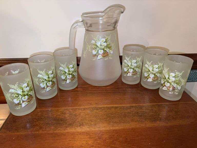 KIG Brilliant Frosted Glass Victorian Pitcher & Glasses