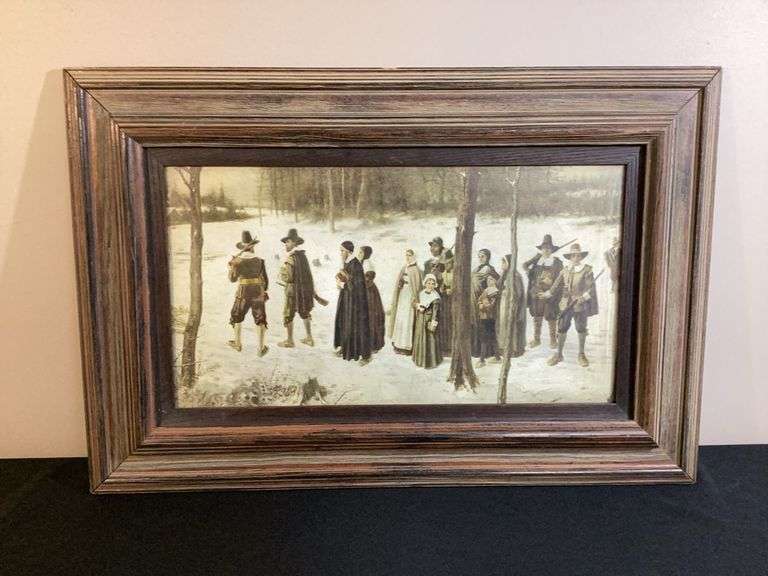 Framed Pilgrim Scene Print in Rustic Wood Frame – 29" x 19.5"