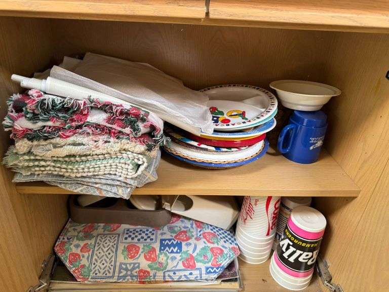 Household Items, Including Plates, Cups, Textiles, and a Serving Tray