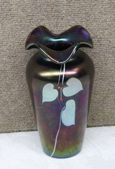 Iridescent Art Glass Vase Signed “Abelman” with Floral Decoration