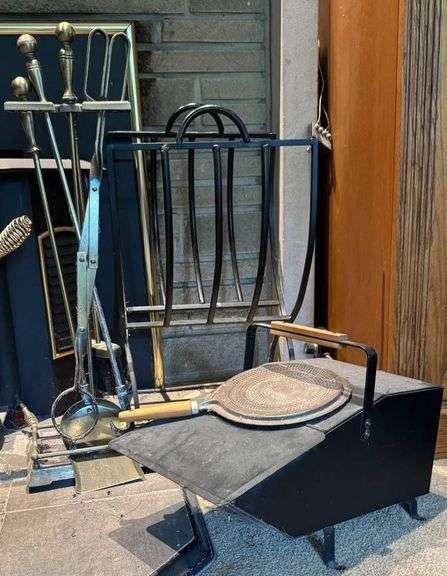 MCM Fireplace  Log Holder, Coal Scuttle, and Brass Fireplace Set