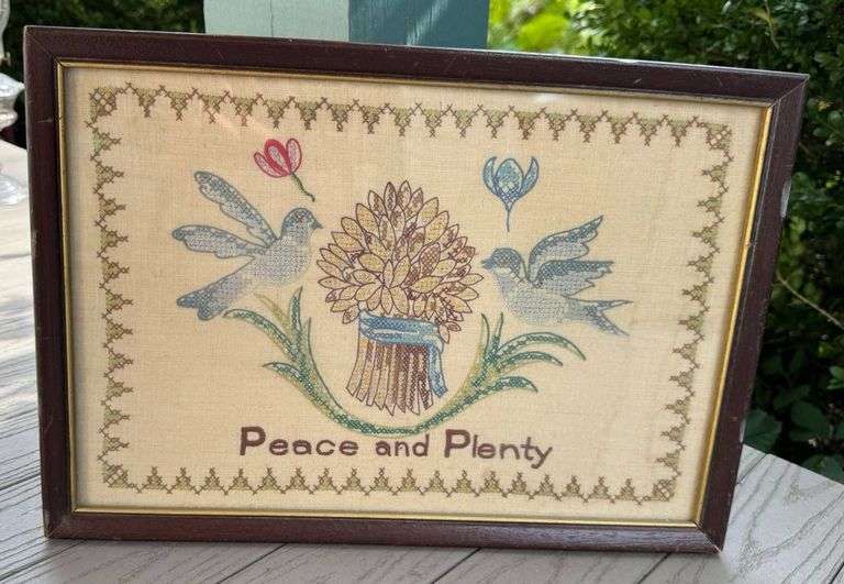 Vintage Framed Cross-Stitch Artwork Depicting ‘Peace and Plenty’
