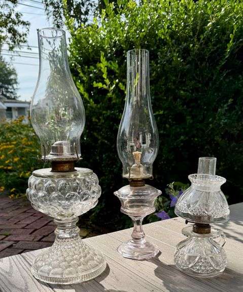 Antique Fishscale & Imperial Kerosene Lamps with Chimneys