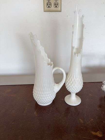 2 Vtg Fenton Hobnail Glass White pieces