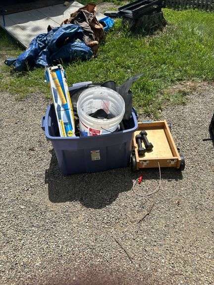 Lot: Plastic Bin with Contents, Wagon, and Dumbbells