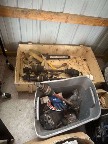 Axles, Gearbox Components, and Straps in Storage Containers