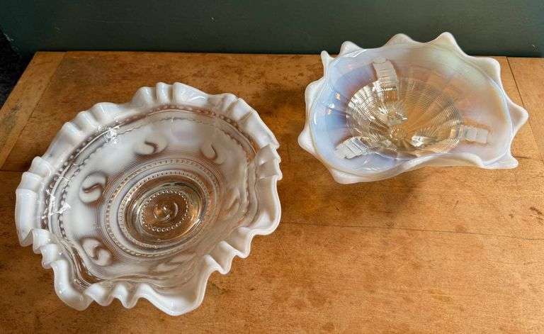 Antique Northwood Ruffled Edge Glass Bowls with Iridescent and Clear Detailing
