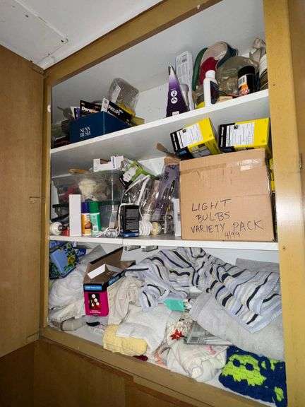 Wood Storage Cabinets with Mixed Household Contents