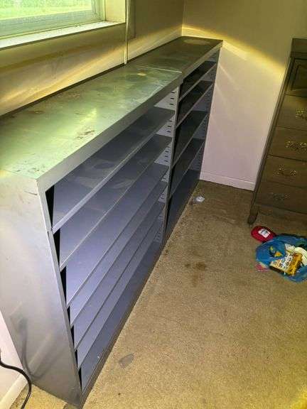 Two Gray Metal Multi-Shelf Storage Units