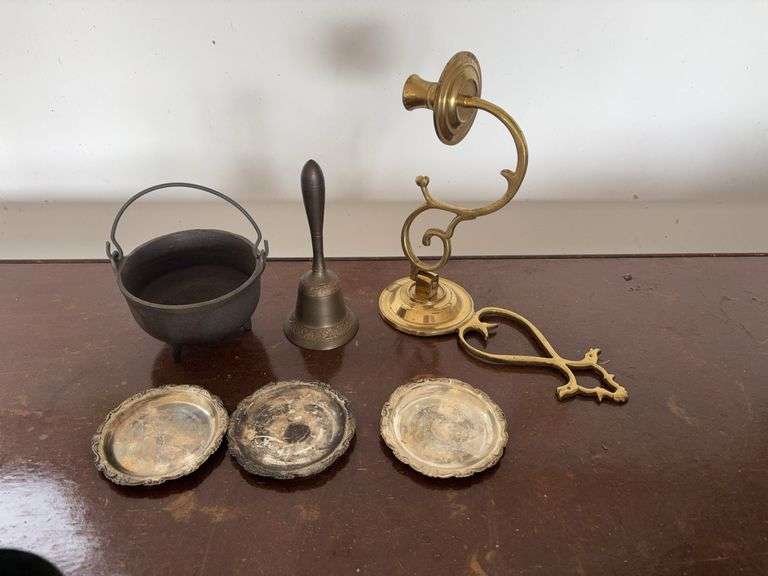 mini colderan, brass bell, brass candle holder, tin plates