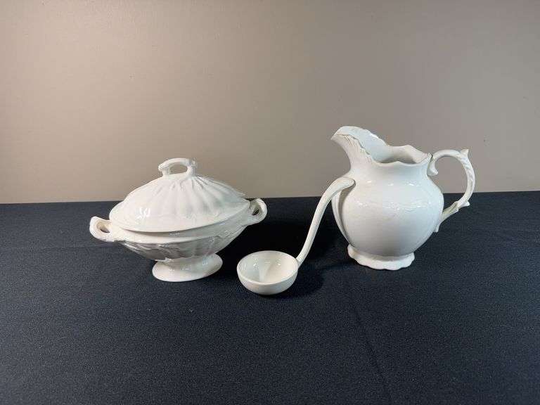Vintage White Ironstone Pitcher, Covered Tureen & Ladle