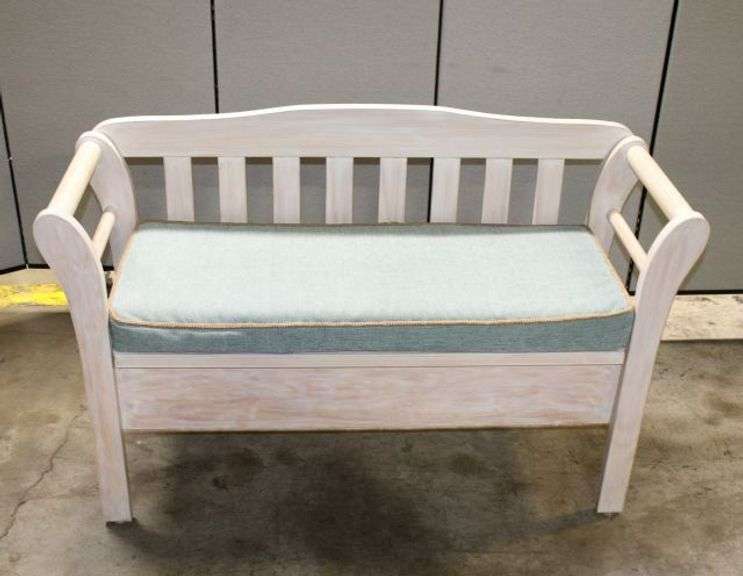 Whitewashed Wood Bench with Storage Compartment and Cushion
