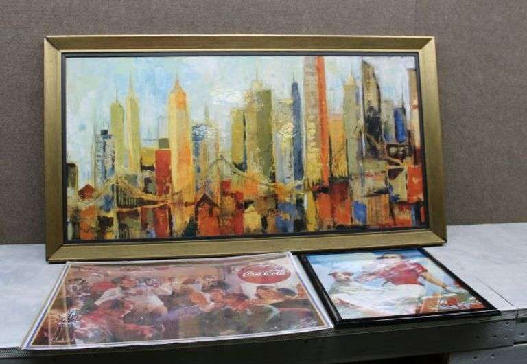 Framed Cityscape Painting and Two Coca-Cola Themed Prints
