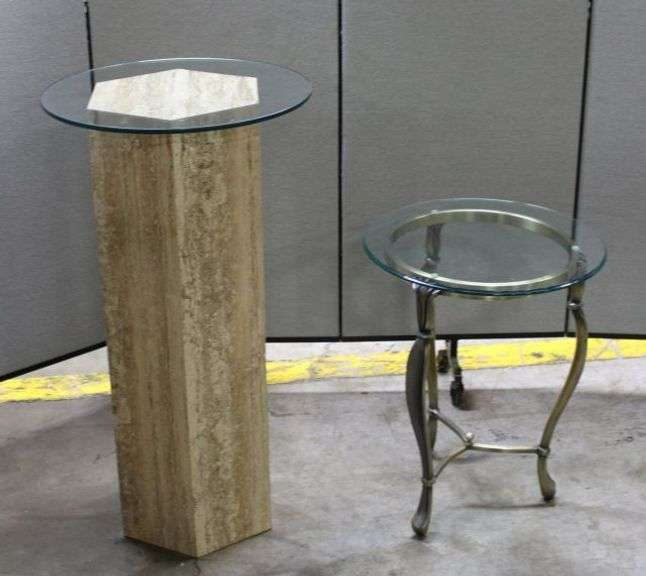 Hexagonal Pedestal Table with Glass Top and Round Metal Side Table with Glass Top