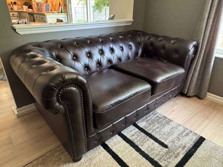Brown Tufted Leather Chesterfield Sofa with Nailhead Trim
