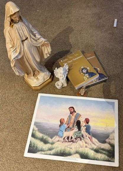 Religious Grouping with Marian Statue, Angel Candle Holder, New Testament Books, and Art Print