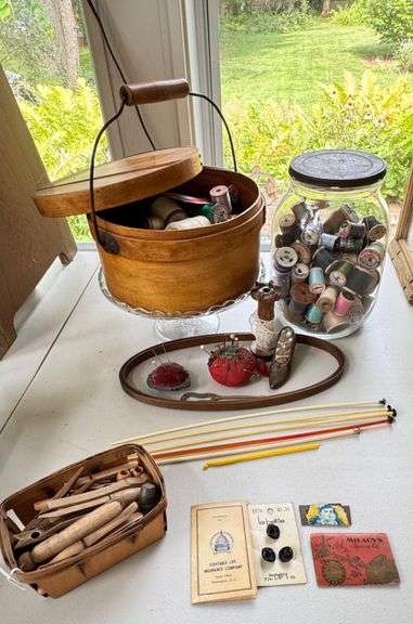 Sewing and Needlecraft Tools with Spools, Accessories, and Wood Storage Buckets