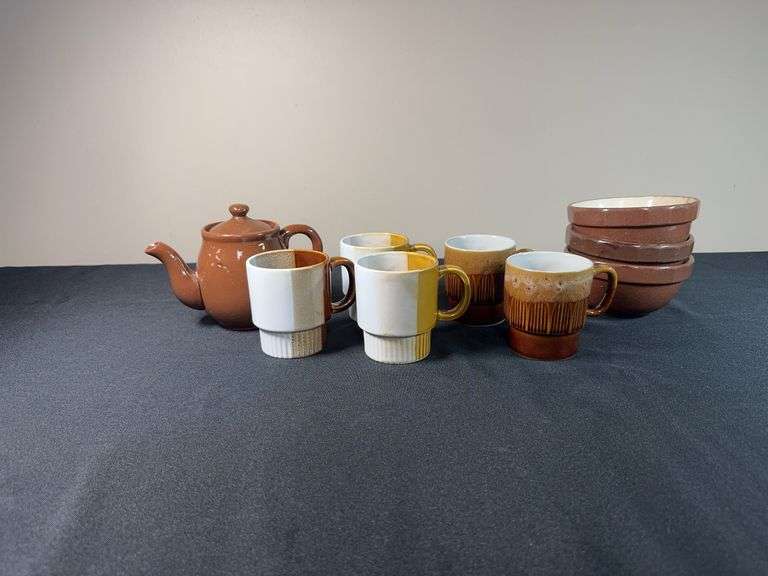 Vintage Stoneware Lot – Teapot, Mugs & Bowls